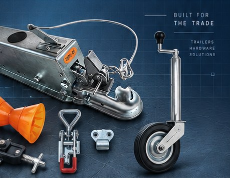Trailer coupler, jockey wheel, keel roller, toggle latch and D-ring